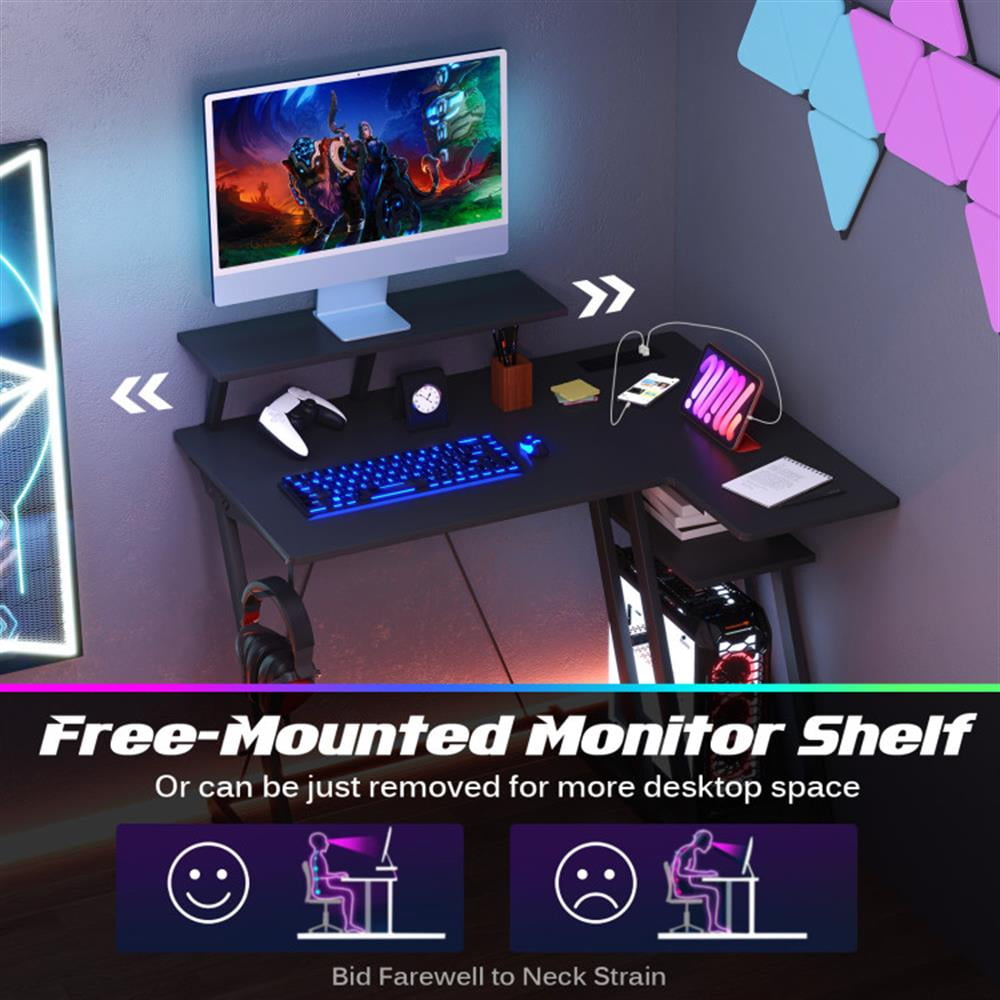 Demi Bonn L Shaped Gaming Desk with Outlets and USB Ports, Small Home Office Desk Study Writing Table, Black