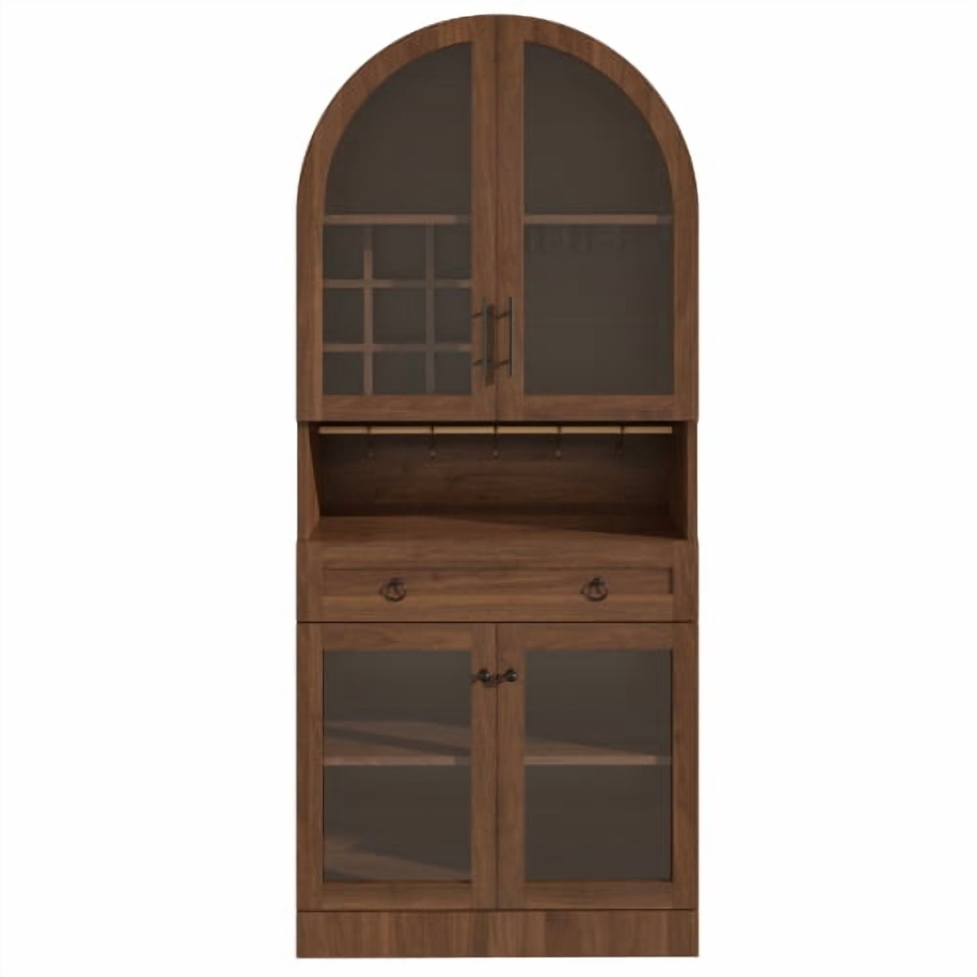 70" Tall Arched Bar Cabinet, Mid-Century Wine & Coffee Bar Cabinet with Tempered Glass Doors, 9 Wine Racks, 3 Glass Holders, Adjustable Shelf, 5 Hooks, Large Drawer, Walnut
