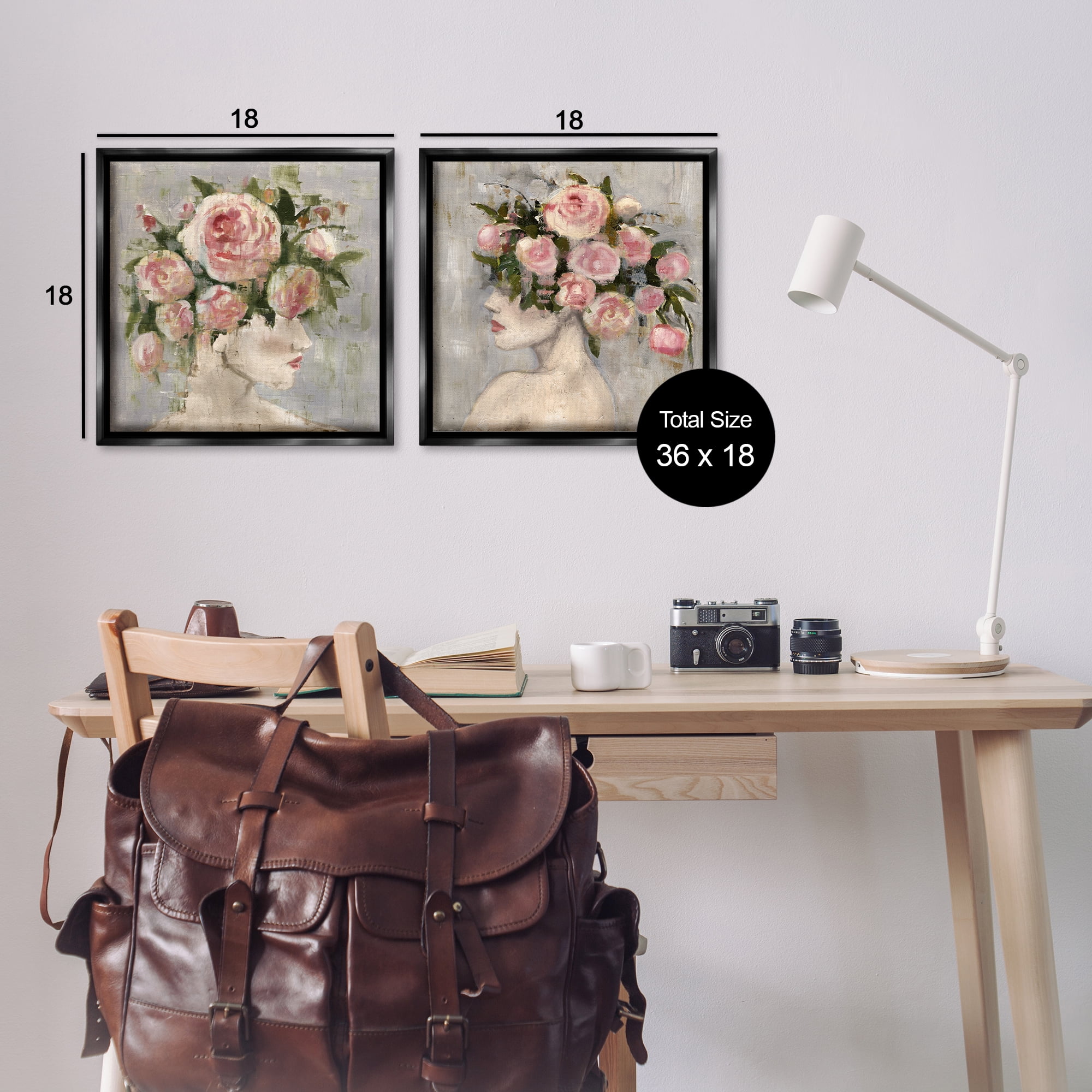 Stupell Industries Surreal Women with Roses People Painting Black Floater Framed Canvas Art Print Wall Art, 18 x 18, Set of 2