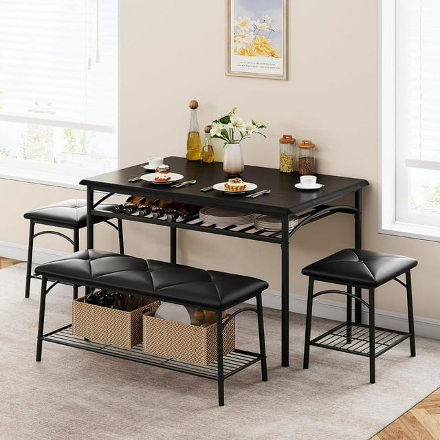 4-Piece Dining Set with Storage Shelf, Compact Table & Upholstered Bench + 2 Stools for Small Spaces