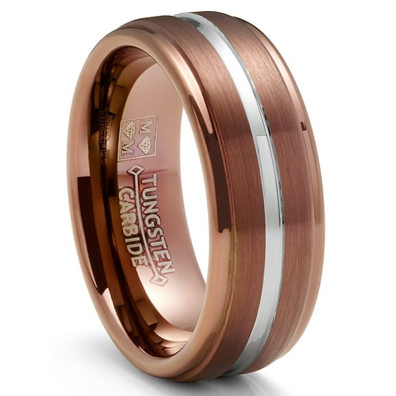 Metal Masters Mens Chocolate Brown Tungsten Carbide Ring Silvertone Grooved Wedding Band 8mm