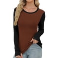 thumbnail image 4 of Women Shirt, 2026 New Contrasting Color Pit Stripe Knitted Round Neck Long Sleeve Base Shirt with Thumb Button, Made of Soft Polyester, Fashionable for Leisure and Daily., 4 of 7