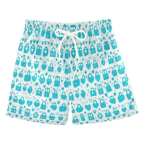 Blue Lock and Heart Pattern Boys' Swim Trunks Beach Pool Shorts Quick Dry Soft Fabric Classic Fit