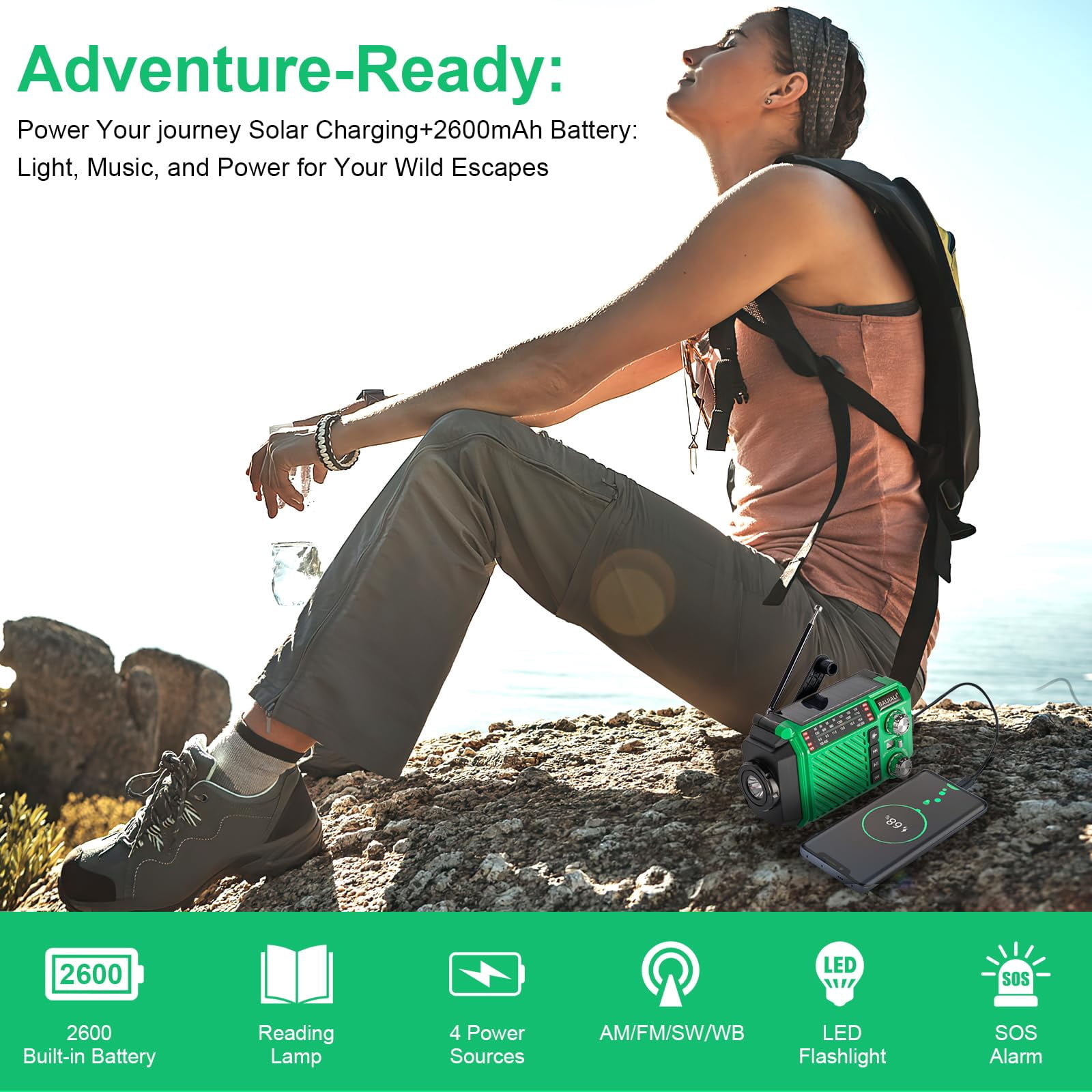 Hand Crank Emergency Weather Radio With 2600mah/9620mwh Power  Noaa Am Fm Shortwave Portable Solar & Usb-c Charging Flashlight Sos Alarm For Kits (green)