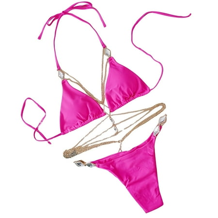JIANJIA Womens Swimsuits Solid Color Lace Up Halter Sexy Brassiere With Thongs Beach Swimsuit Two Piece Bikinis Swimwears Holiday Wear Red S