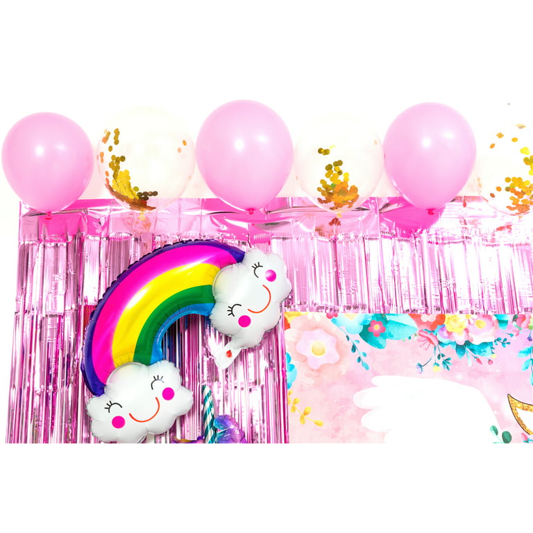 Decorlife Unicorn Party Supplies Serves 16, Cute Birthday Decorations for Girls, Complete Pack Include Photo Backdrop and Hanging Swirls, Total 163pcs