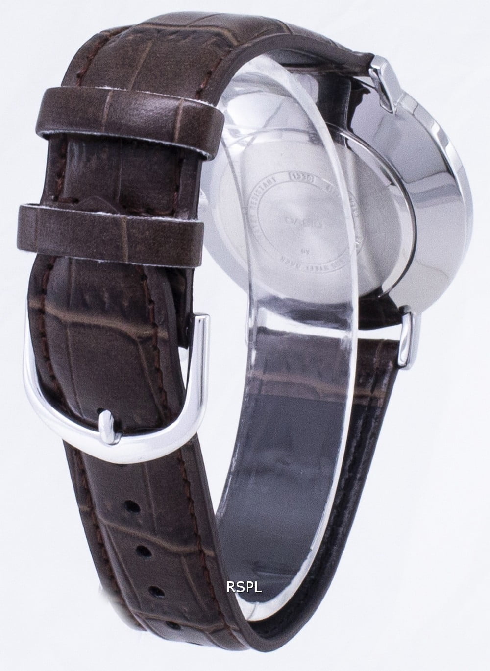 Casio Men’s Silver Analog Watch with Orange Accents and Brown Leather Strap -