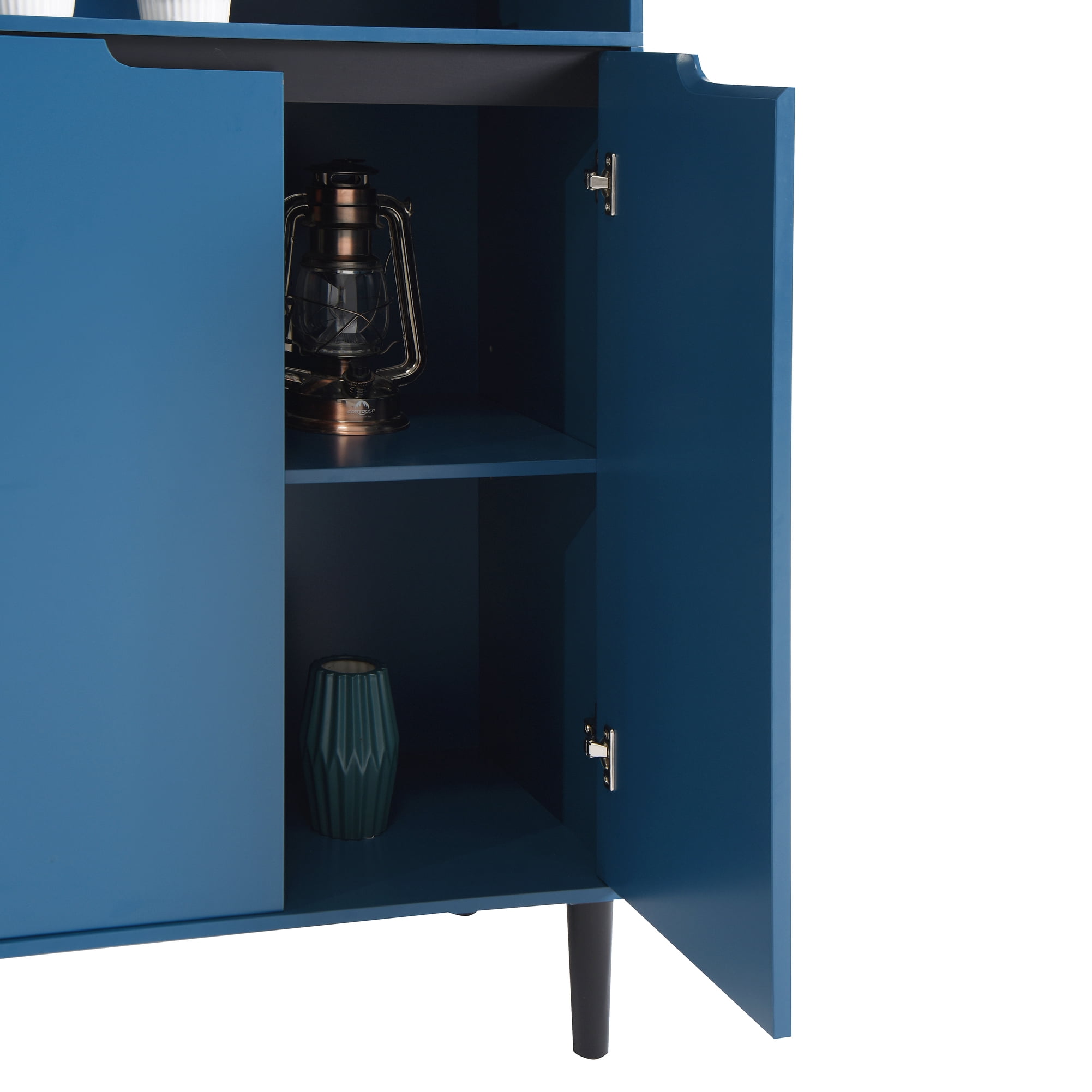 Noble House Tall Storage Bookcase Cabinet with Tempered Glass Doors and Adjustable Shelf, Navy Blue