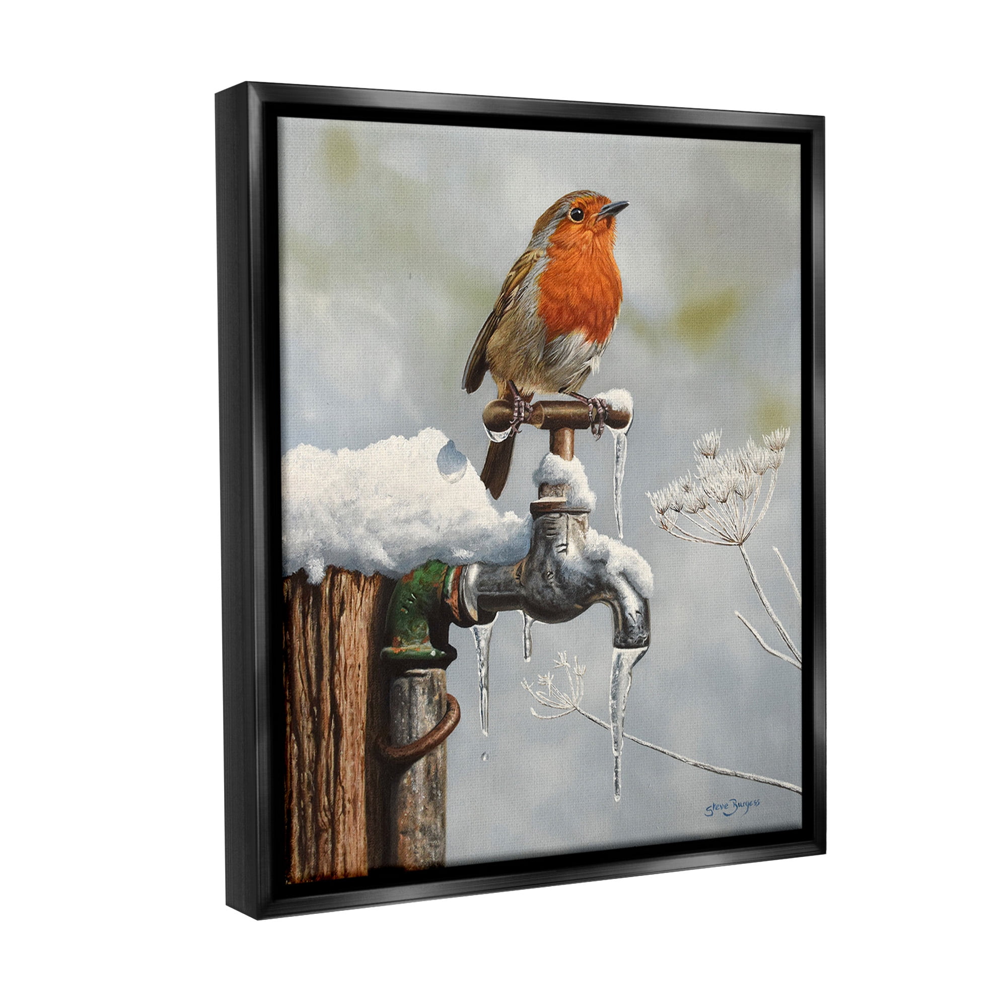 Stupell Industries Robin Bird & Winter Scene Animals & Insects Painting Black Floater Framed Canvas Art Print Wall Art, 17 x 21