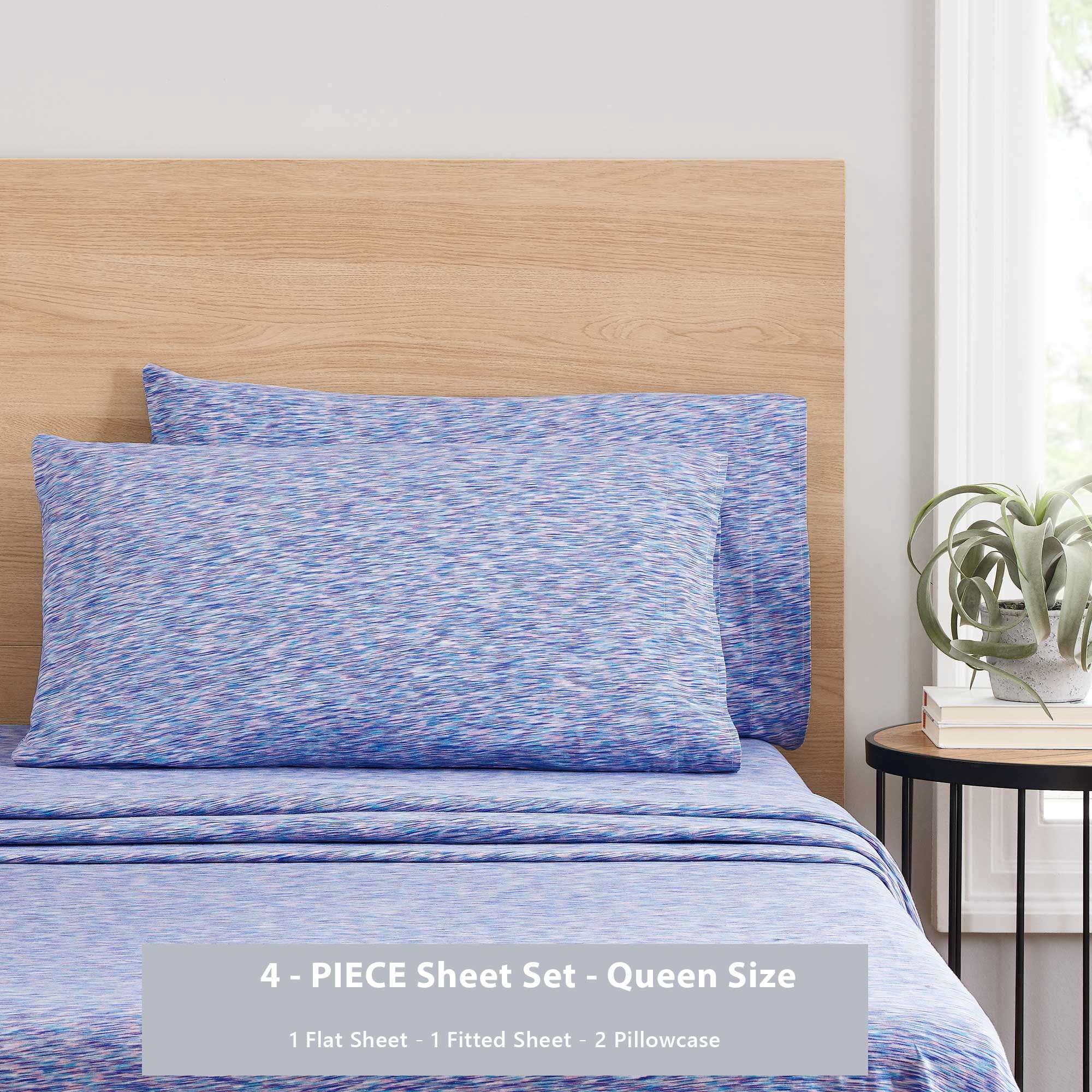 Mainstays 100% Cotton Extra Soft Jersey Bed Sheet Set, Queen, Purple Crackle, 4 Pieces