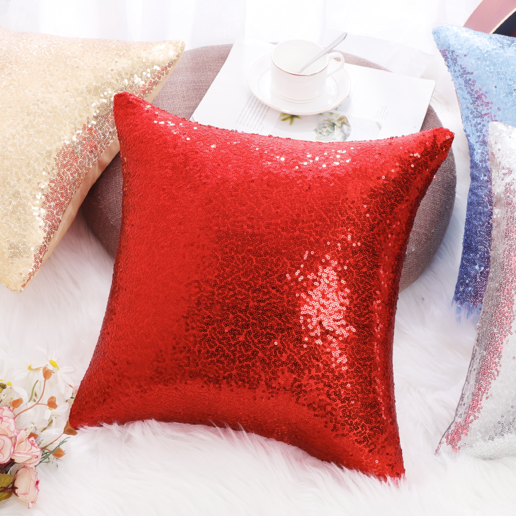 Unique Bargains 2 Pack Sequins Decorative Throw Pillow Covers 16" x16" Red