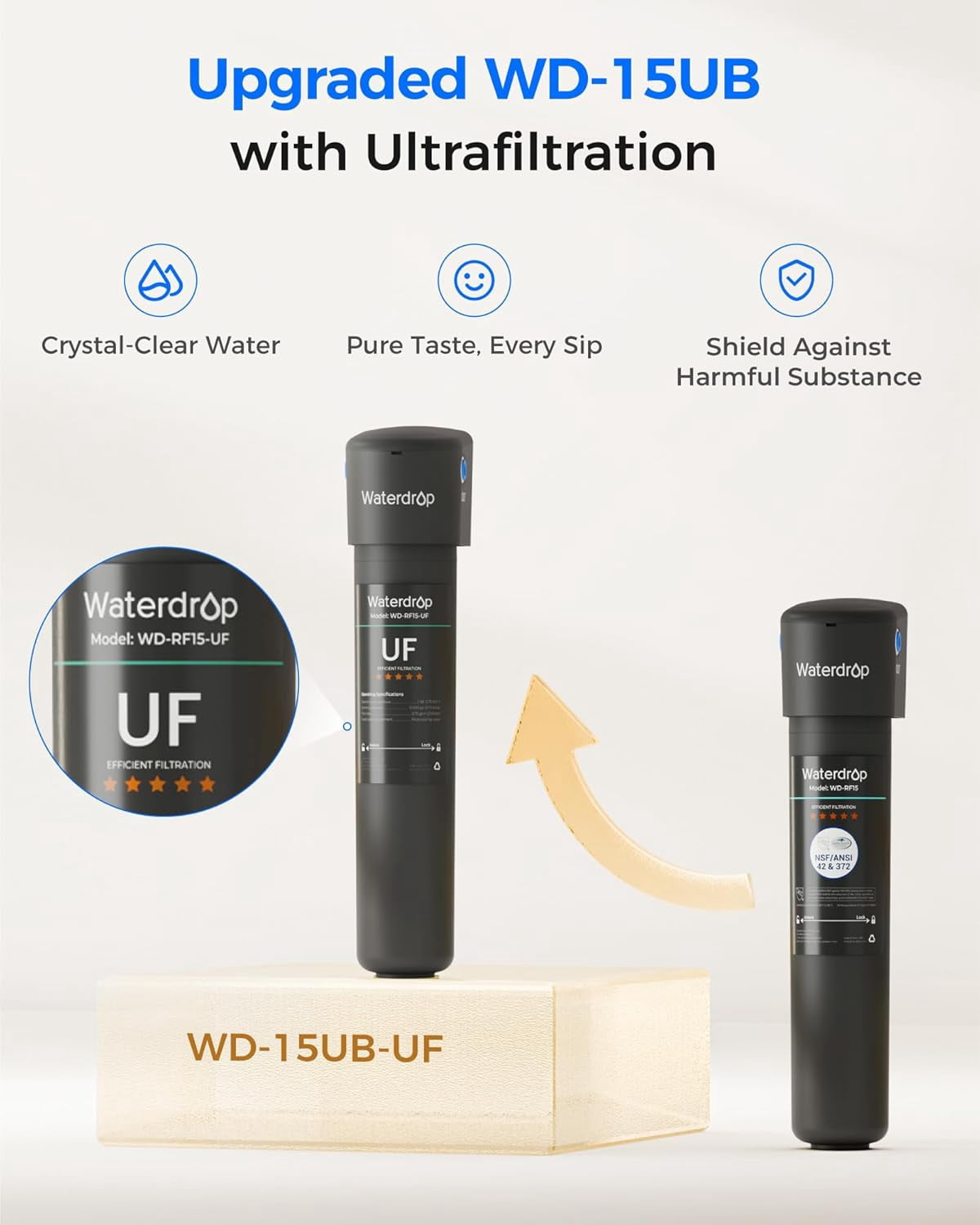 Waterdrop 15UB-UF Under Sink Water Filter System, 0.01 Micron Ultra Filtration Under Counter Drinking Water Filtration System, with Dedicated Brushed Nickel Faucet, 16K High Capacity, USA Tech