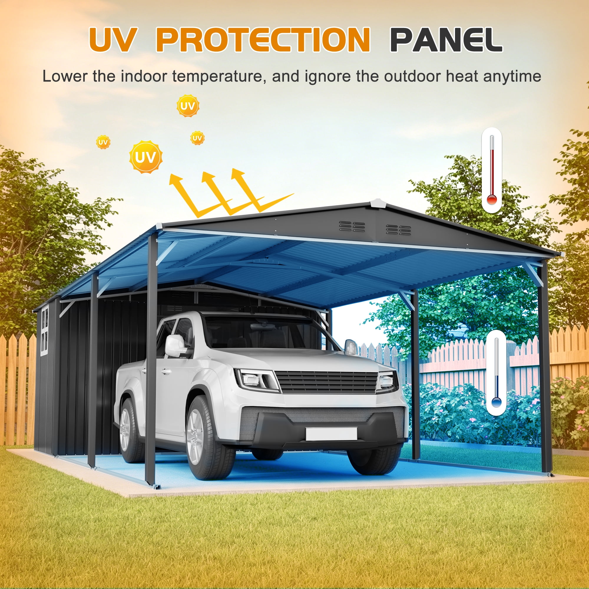 DTTRA 12x23 FT Metal Carport and Storage Shed Combo, Heavy Duty Steel Garage Shelter with Sliding Door, UV Panel, Air Vents & Sloped Roof for Car, Boat and Tractor, Gray