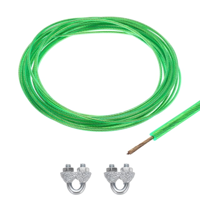 Uxcell 1/16 Green Vinyl Coated Wire Ropes 20ft Galvanized Steel with 2PCS M3 Loop Sleeves