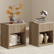 SICOTAS Fluted Nightstands for Bedroom Set of 2, Farmhouse Bedside Tables with Drawer & Open Shelf, Wood End Table for Living Room in Oak