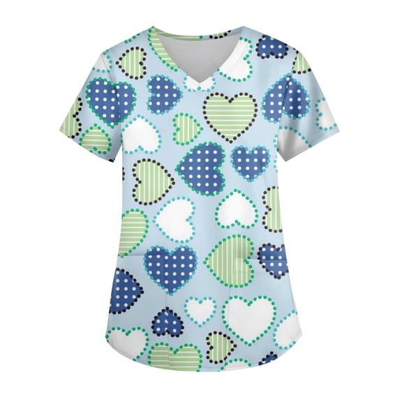 Dwralegc Valentines Day Scrub Tops Women Oversized Comfortable Shirt with 2 Pockets Short Sleeve Love Heart Print V Neck Nursing Workwear Stretch Blue S