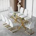 thumbnail image 3 of Table and chair set.Modern Luxurious Transparent Tempered Glass Dining Table Set with 8 Chairs.Double Forked Golden Metal Table Legs.White high-quality PU dining chairs with golden metal legs., 3 of 9