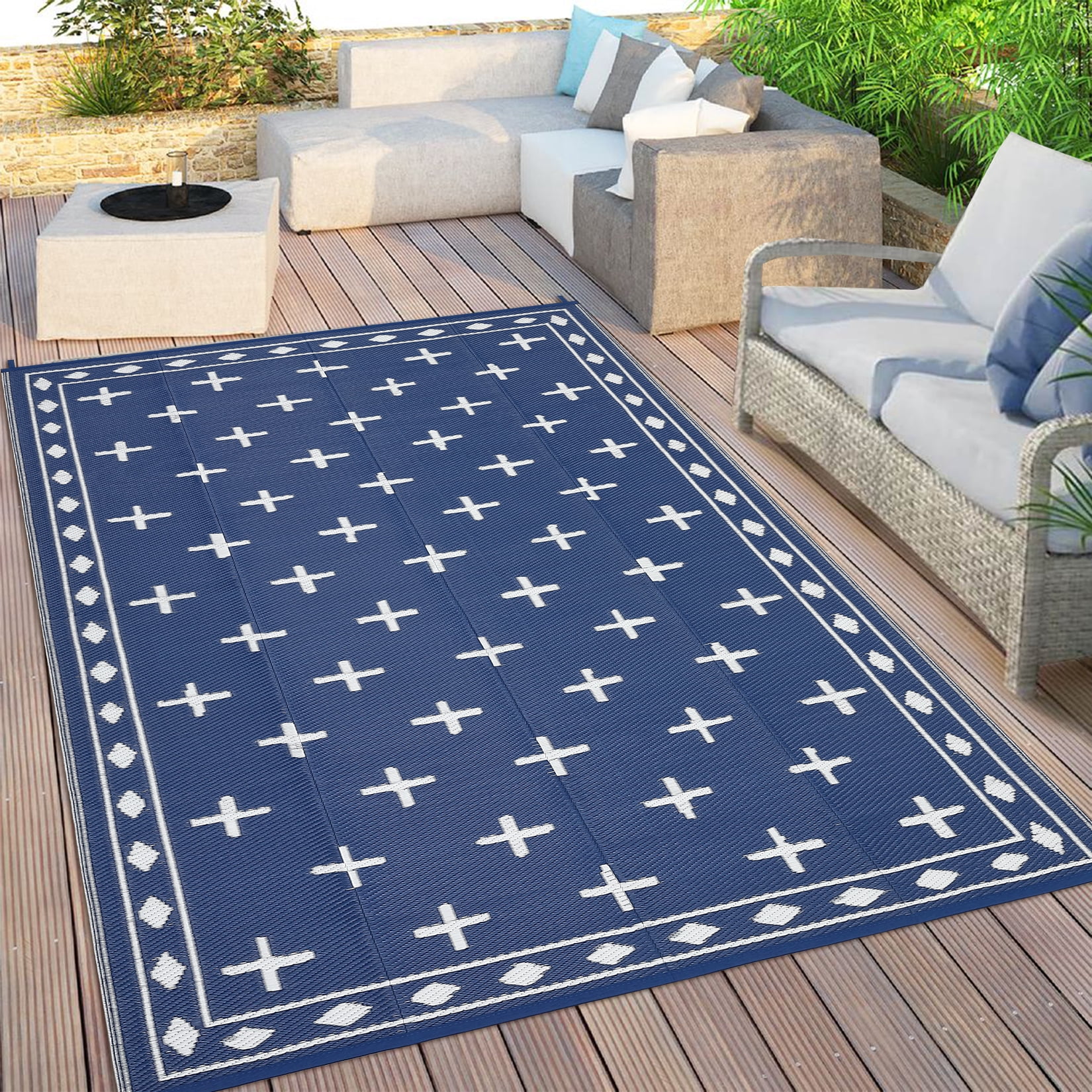 Volkmi Reversible Geometric Outdoor Rug – Waterproof, UV Resistant Low-Pile Plastic Mat for Patio, Garden, Camping, Easy to Clean, Large 9x12ft, Deep Blue/White, USA Specs