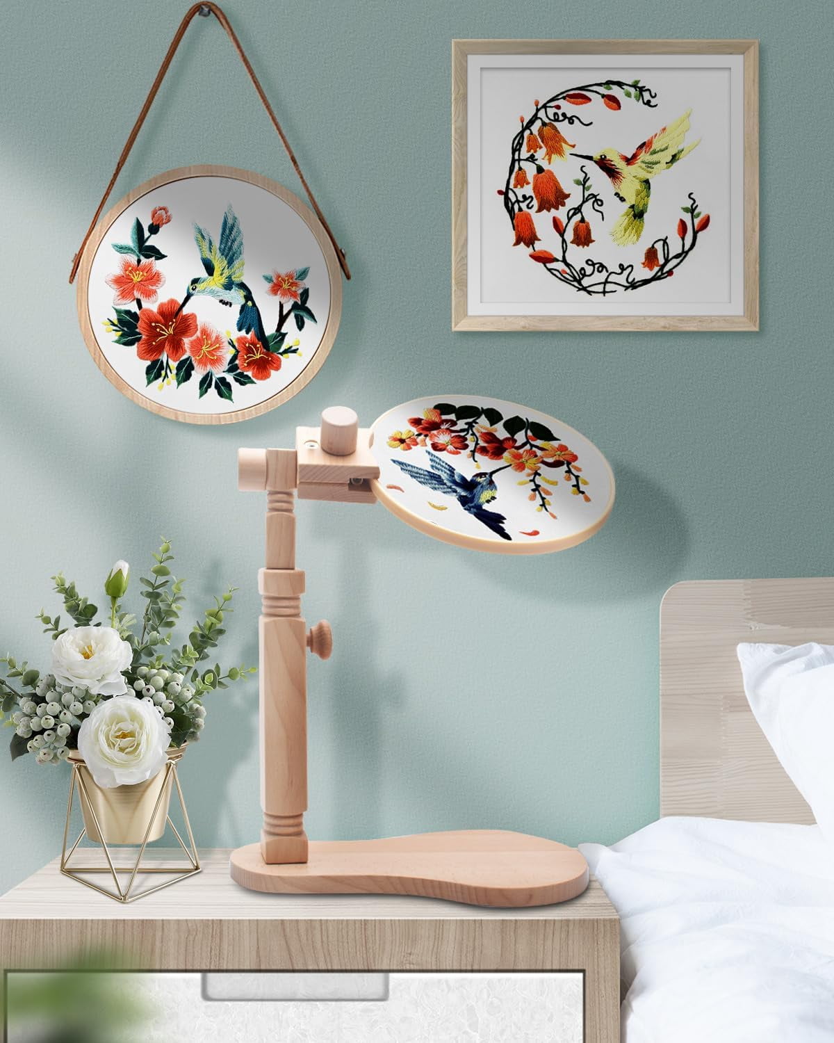 Wood Embroidery Hoop Stand, with 3pcs Embroidery Hoops (3inch + 6inch + 8inch), Adjustable Rotated Wooden Embroidery Hoop Holder for Cross Stitch and Embroidery Projects