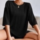 thumbnail image 4 of Bermudas Conjuntos cortos de 2 piezas de algodón con cuello redondo para mujer, hombros caídos, ajuste holgado, atuendo diario Kuymtek Negro T S para Mujer, 4 of 6