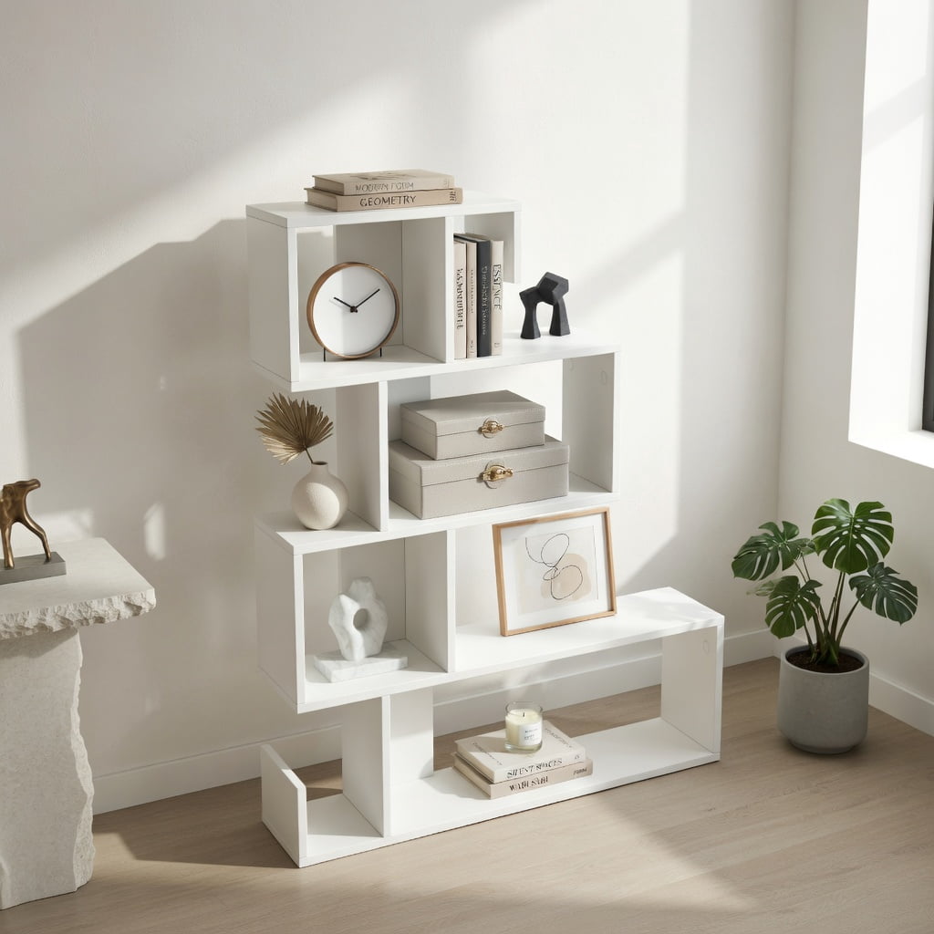Demi Bonn 5-Tier S-Shaped Bookshelf Geometric Z-Shelf Bookcase with Open Cubes, White