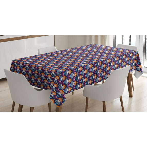 Clown Tablecloth, Continuous Joyful Fun Pattern with Sweets Ice Creams Happy Man Pattern, Rectangle Satin Table Cover Accent for Dining Room and Kitchen, 52" X 70", Indigo and Multicolor, by Ambesonne
