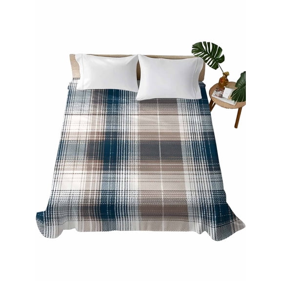 King Flat Sheet 105"x98", Blue Brown Plaid Soft Lightweight Bedding Flat Sheets Only, Modern Abstract Striped Gingham Checked Brushed Microfiber Top Bed Sheet, Breathable StainResistant Bedsheets