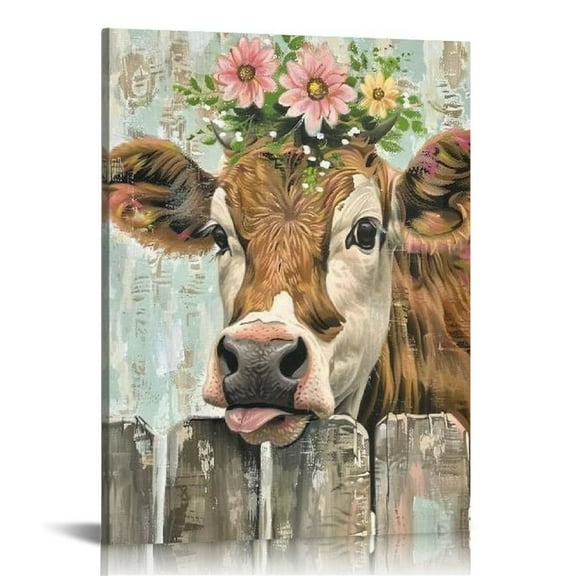 Acheng Country Bathroom Cow Canvas Wall Art Farmhouse Animal Pictures Wall Decor for Bedroom Framed Modern Artwork for Office Rustic Retro Home Decoration 12x16 in