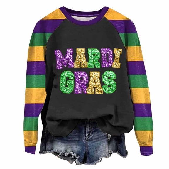 Mifsaly Sequin Mardi Gras Tops Women Raglan Sleeve Crewneck Sweatshirts Glitter Letter Print Carnival Sweatshirt Funny Holiday Party Pullover XL