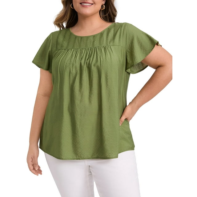 GRACE & GRANDEUR Blusas de Talla Grande para Mujeres con Textura Plisada y Volantes, Manga Corta, Cuello Redondo, Tops Casuales 4X Verde Oliva