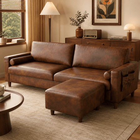 Neche 100" PU Faux Leather Couch with Movable Ottoman, Large 2 Seater L Shaped Leather Sectional Sofa with Side Pocket, Comfy Mid Century Modern Modular Sofa for Living Room, Apartment, Cocoa