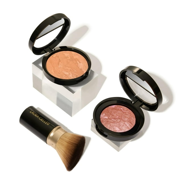 Kit Blush-N-Glow de Laura Geller New York (3 piezas): Base de maquillaje en polvo iluminador Baked Balance-N-Glow en tono dorado medio, brocha retráctil Kabuki, Baked Blush-N-Brighten en tono pomelo r