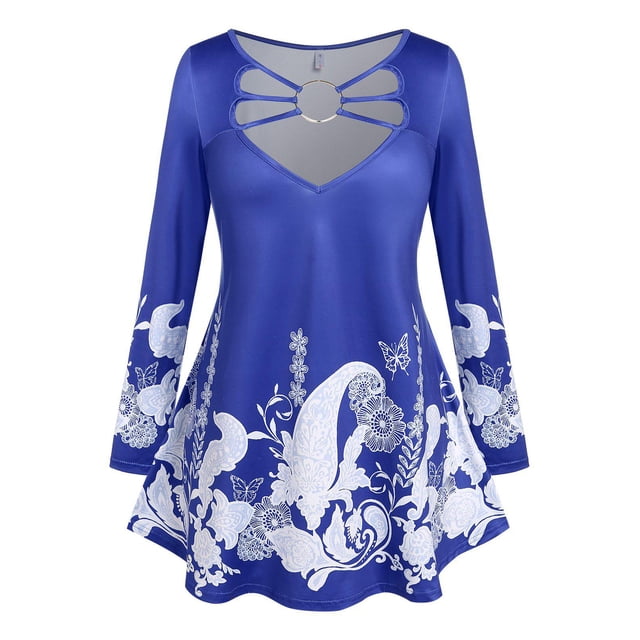 Talla grande Paisley Flower Print CutOut O Ring T Shirt Rosegal Mangas largas de talla grande