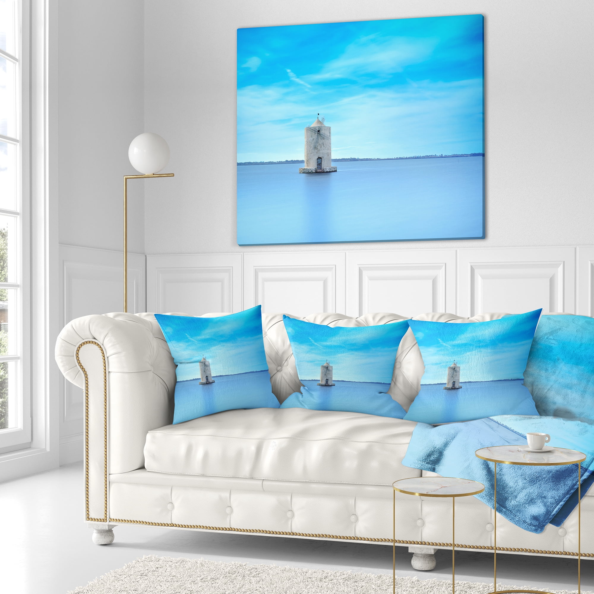 Designart Old Spanish Windmill in Blue Lagoon - Seashore Throw Pillow - 18x18