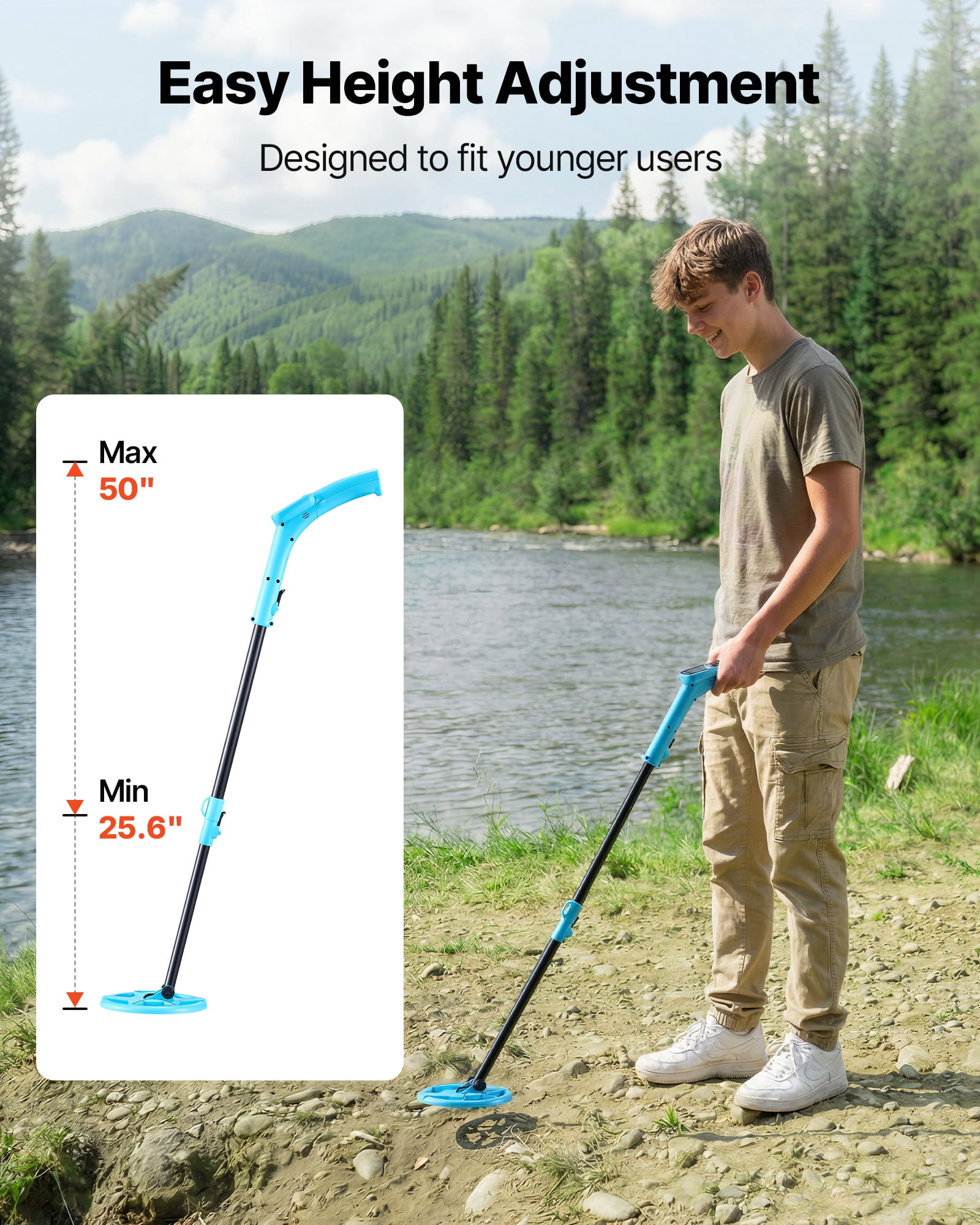 VEVOR Metal Detector, 4", Lightweight Metal Detector with LCD Display, 6" IP68 Waterproof Search Coil, Adjustable 25.6"-36.6" High Accuracy Gold Detector, Easy to Use, for Detecting Gold Exploration