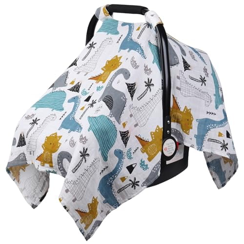 Dinosaurs Carseat Cover - Muslin Cotton Infant Car Seat Canopy,Breathable Baby Carrier Cover,Summer Stroller Sun Shade