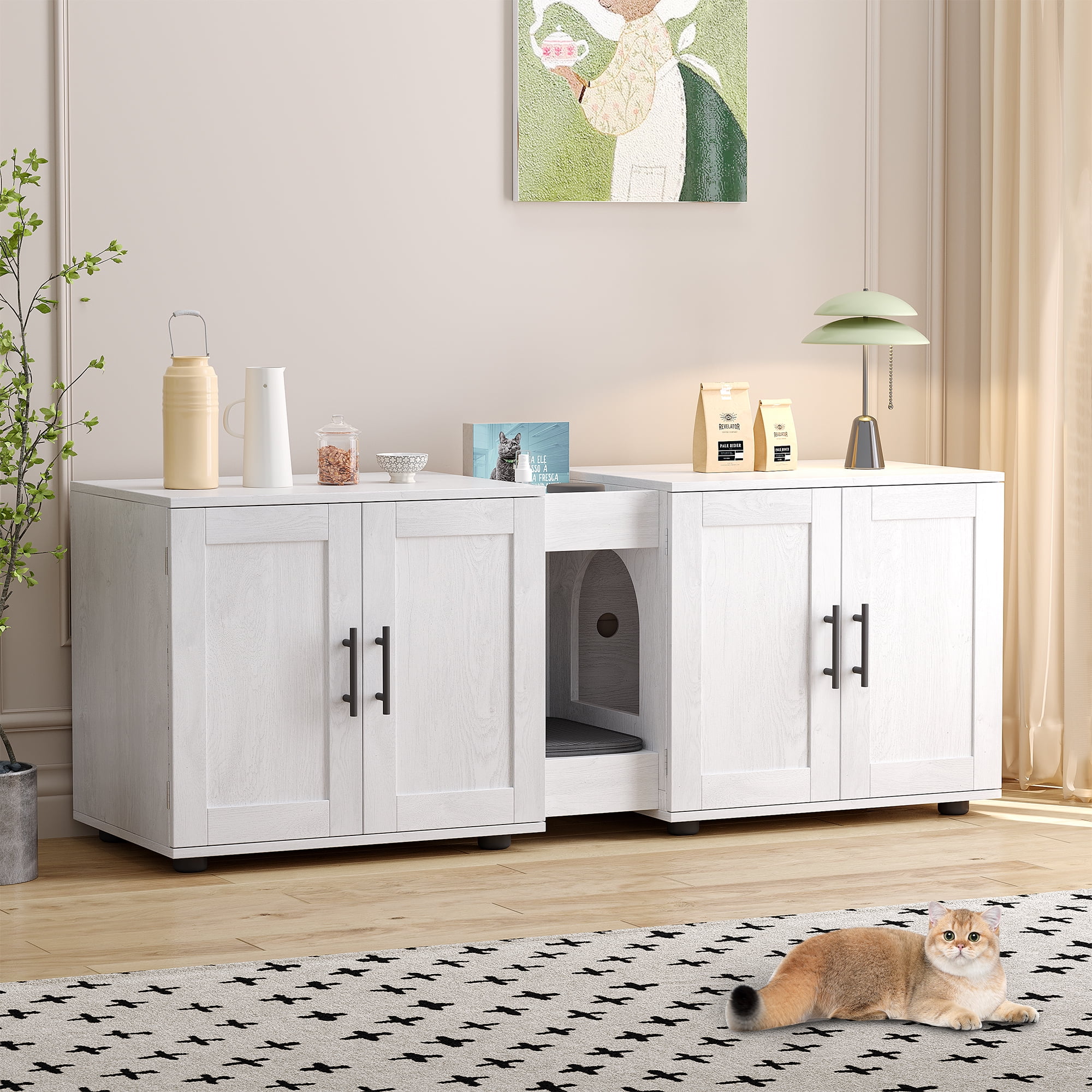 Litter Box Enclosure for 2 Cats, Hidden Cat Litter Box Enclosure Furniture with Double Cage Room, Wooden Enclosed Cat Litter Box Furniture,Cat House,55”L x 17.7”W x 22.5”H