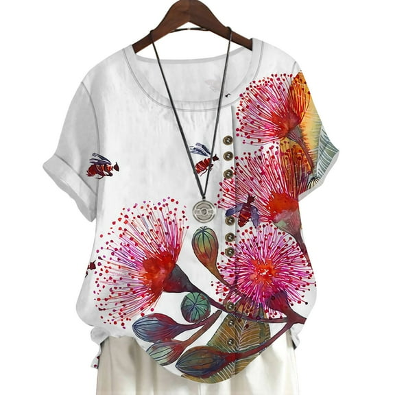 CLOOCL Plus Size Blouses Albizia Flower Graphic Printing Casual Short Sleeve T-Shirts