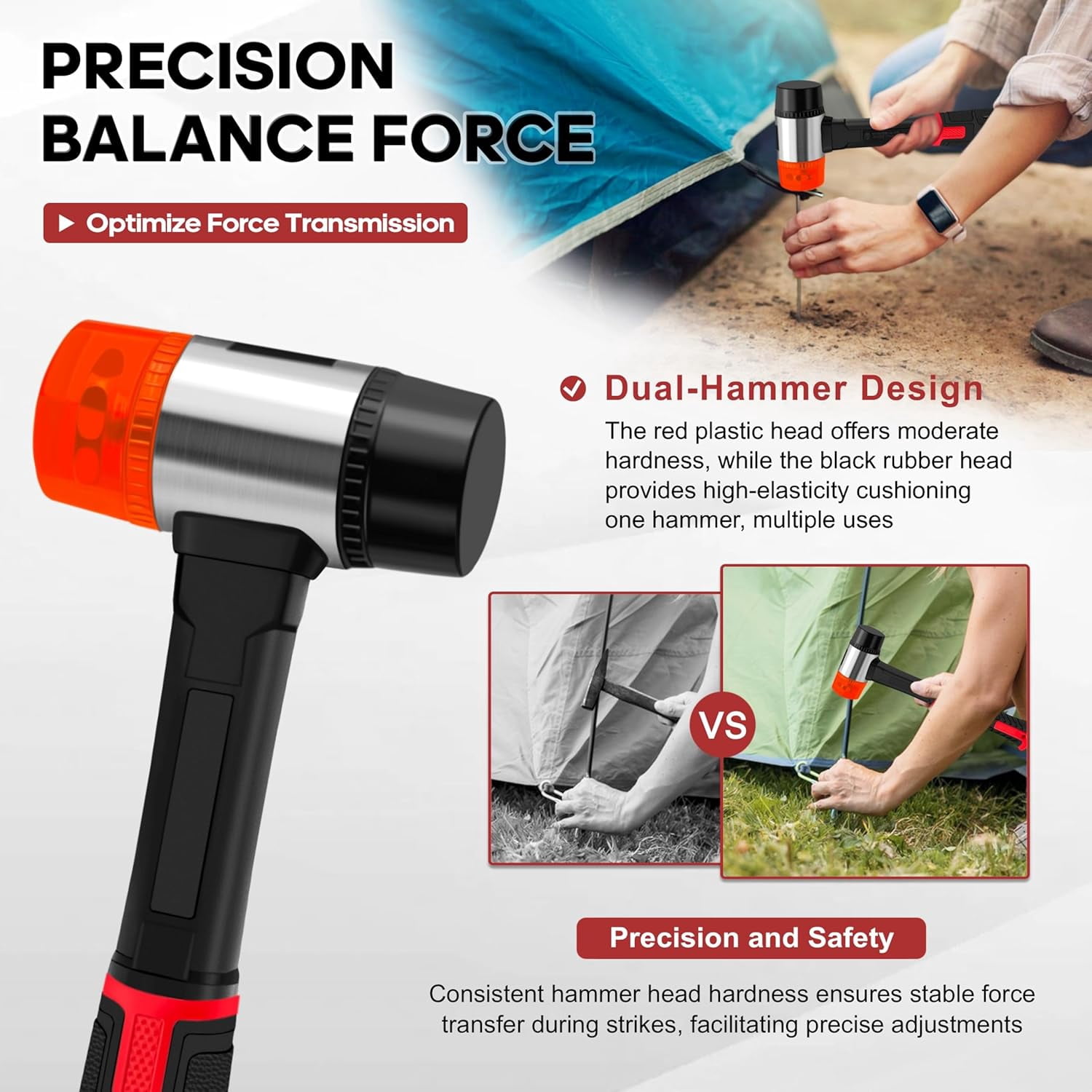 RGHJAR-2Pcs Hammer Set, 16oz Rubber Mallet Hammer and 40mm Double-Faced Soft Hammer, Solid Head, Fiberglass Handle, Ergonomic Grip, 2-Piece Rubber Mallet Set for Flooring,Tent,Woodworking,Camping