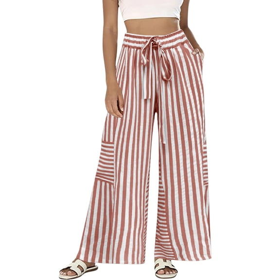 Women Drawstring Striped Pants Loose Wide Leg Trousers Casual Elastic Waist Pants Comfy Lounge Pants with Pockets Pink S