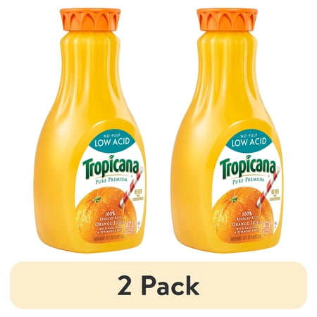 (2 pack) Tropicana Pure Premium Low Acid 100% Juice Orange No Pulp with Vitamins A and C 52 fl oz Bottle, Fruit Juice
