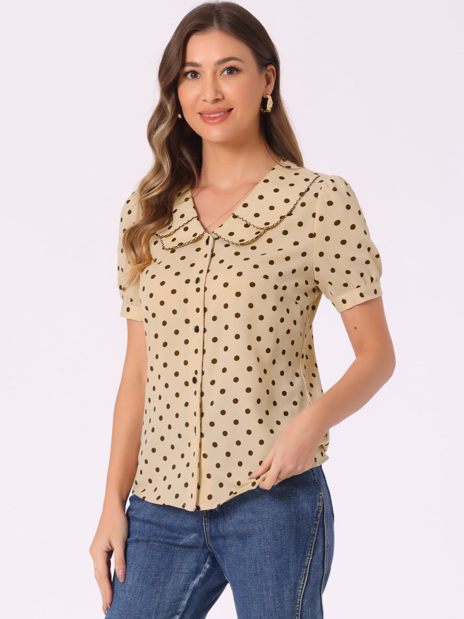 DARING DIVA Women's Polka Dots Peter Pan Collar Puff Sleeve Shirt XS Light Brown