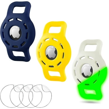 Airtag Holder for Pet Collar   4 pcs Protective Film Compatible with Apple Air Tag Dog Cat Case, Protective Waterproof Silicone Small Puppy (G DarkBlue Yellow LuminousGreen 3 Pack)