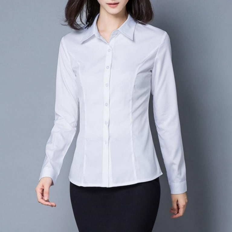 Women's Classic-Fit Long-Sleeve Button-Down Work Shirts,White