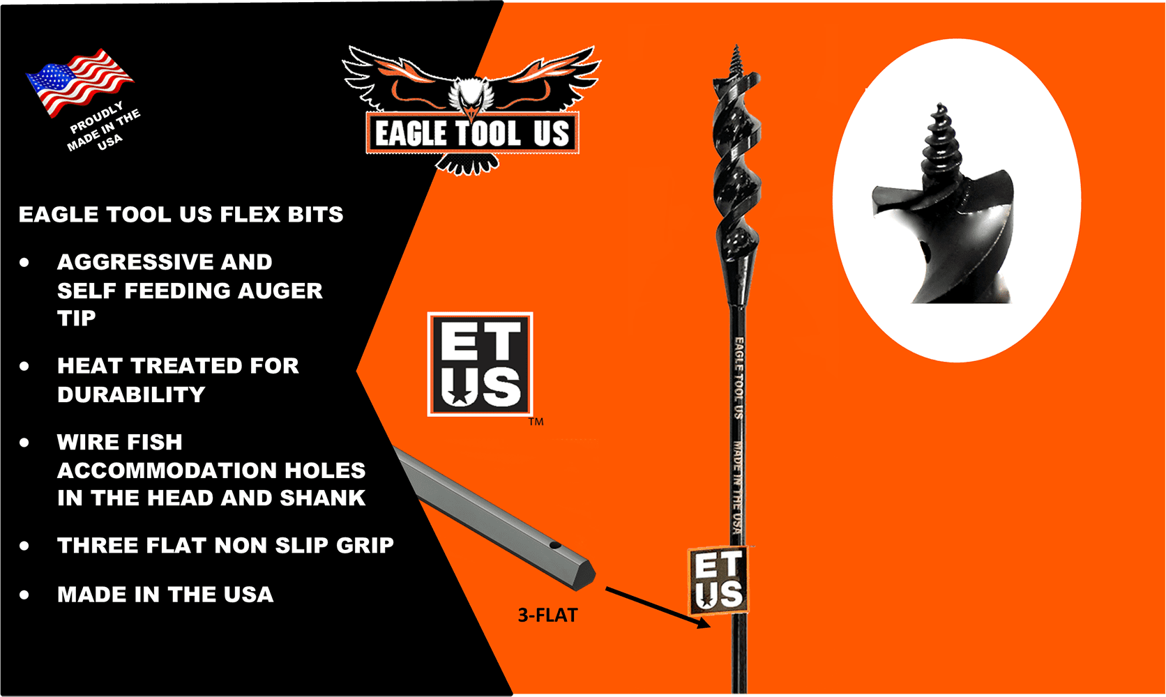 Eagle Tool US EA75072 Flex Shank Installer Drill Bit, Auger Style, 3/4-Inch by 72-Inch, 1/4-Inch Shank, Made in The USA
