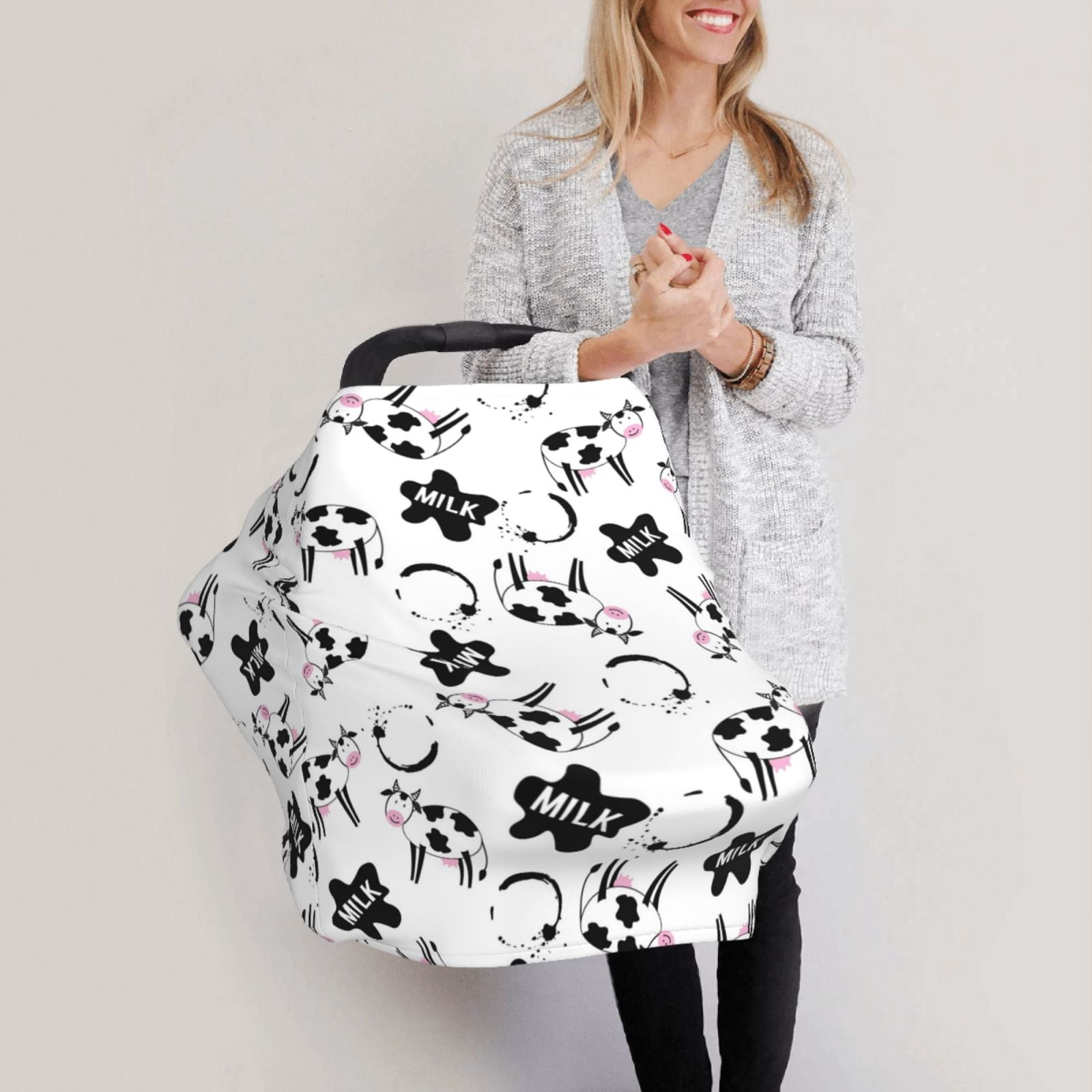Fotbe Cute Cow and Milk Stains Pattern Car Seat Covers for Babies, Nursing Breastfeeding Cover Infant Carseat Canopy, Soft Stretchy Carrier Cover