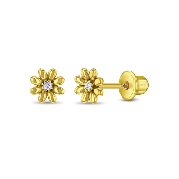 Puffed Blossom Kids / Girls Earrings Screw Back - Gold Flashed Sterling Silver
