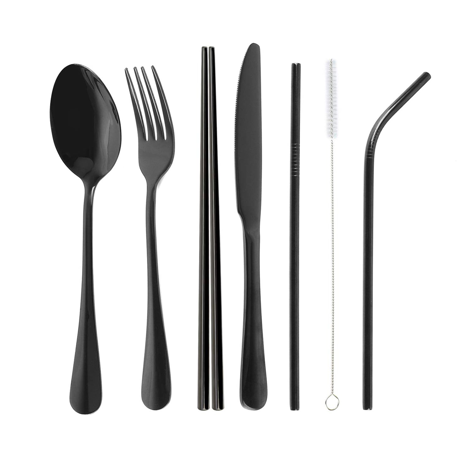 Black 7 Piece Stainless Steel Portable Reusable Cutlery Set Eating Out 
