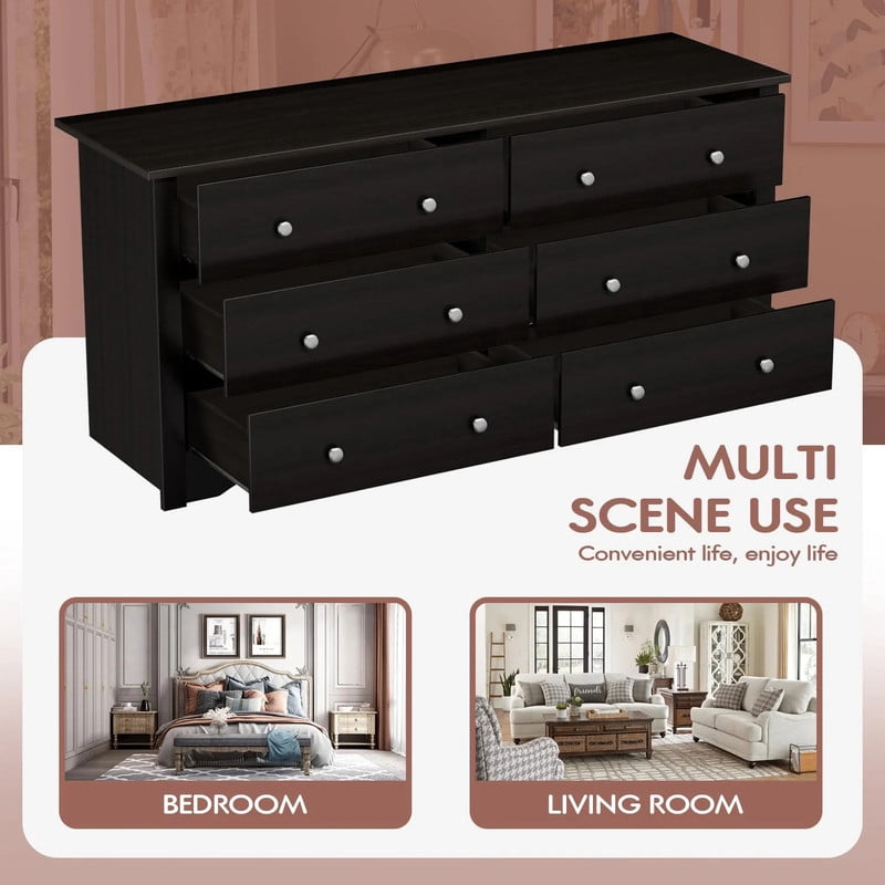 Furmax 6 Drawer Double Dresser, Wide Wood Chest of Drawers Storage Tower Storage for Living Room Bedroom, Black