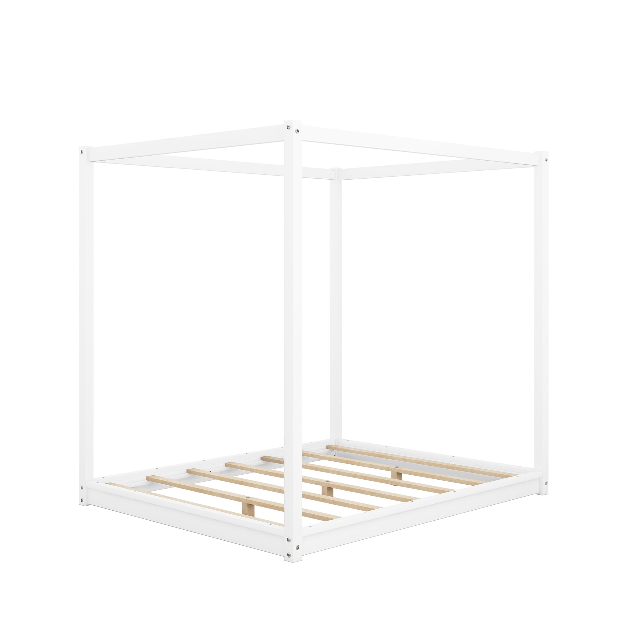 Euroco Wood Queen Size Canopy Platform Bed with Support Frame for Bedroom, White